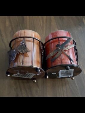 Vintage Dragonfly Metal Cutout Bronze Candle Holder Red Pillar Started Candle 1